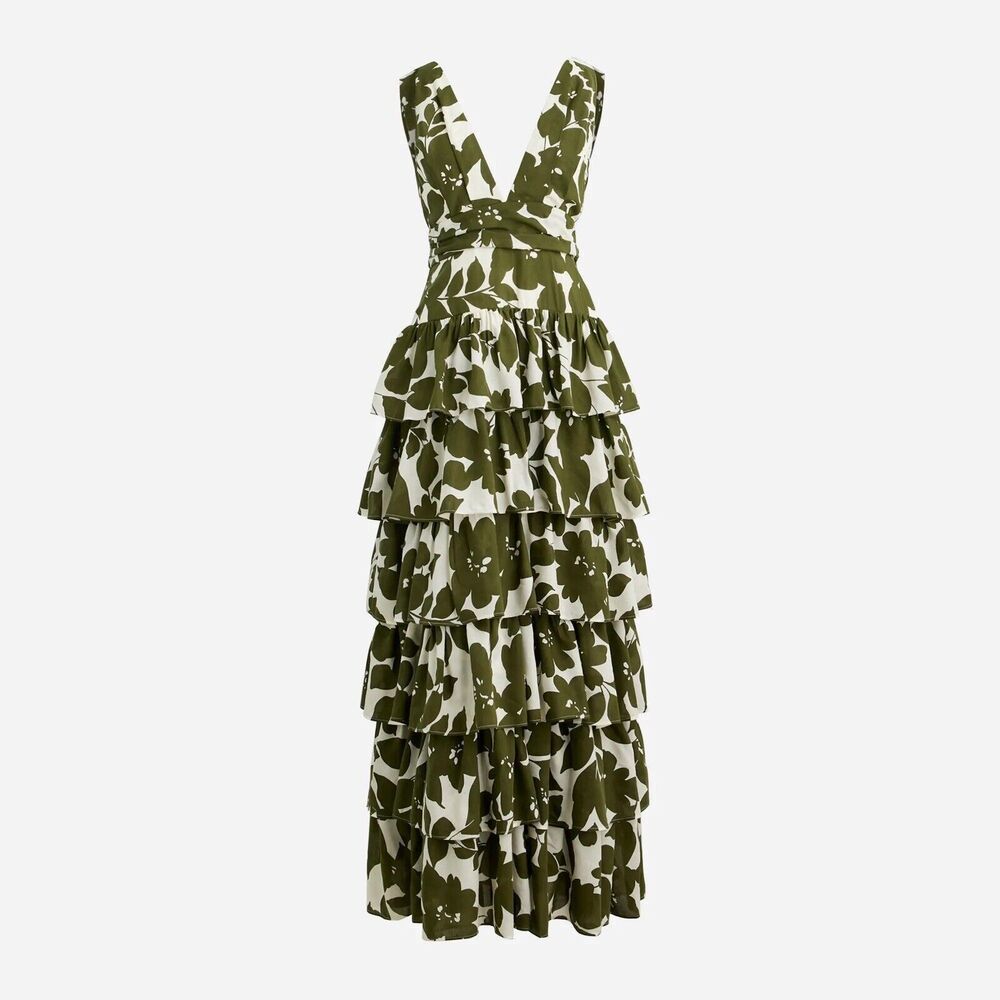 J Crew Collection Plunge Neck Tiered Dress Sz 12 Leafy Floral Maxi Green New